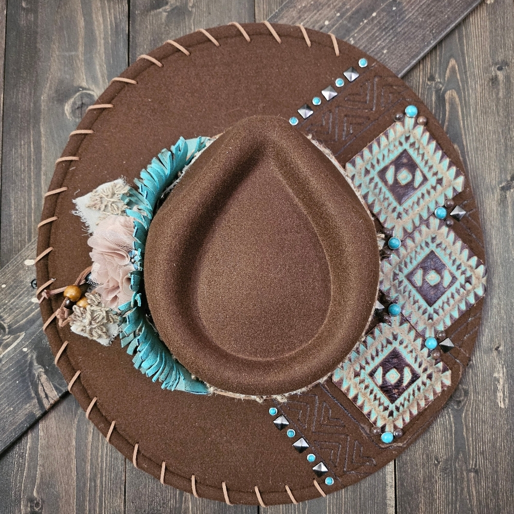 NWT  Brown Burned Fedora Cowdoy Hat With Genuine Leather Size OS